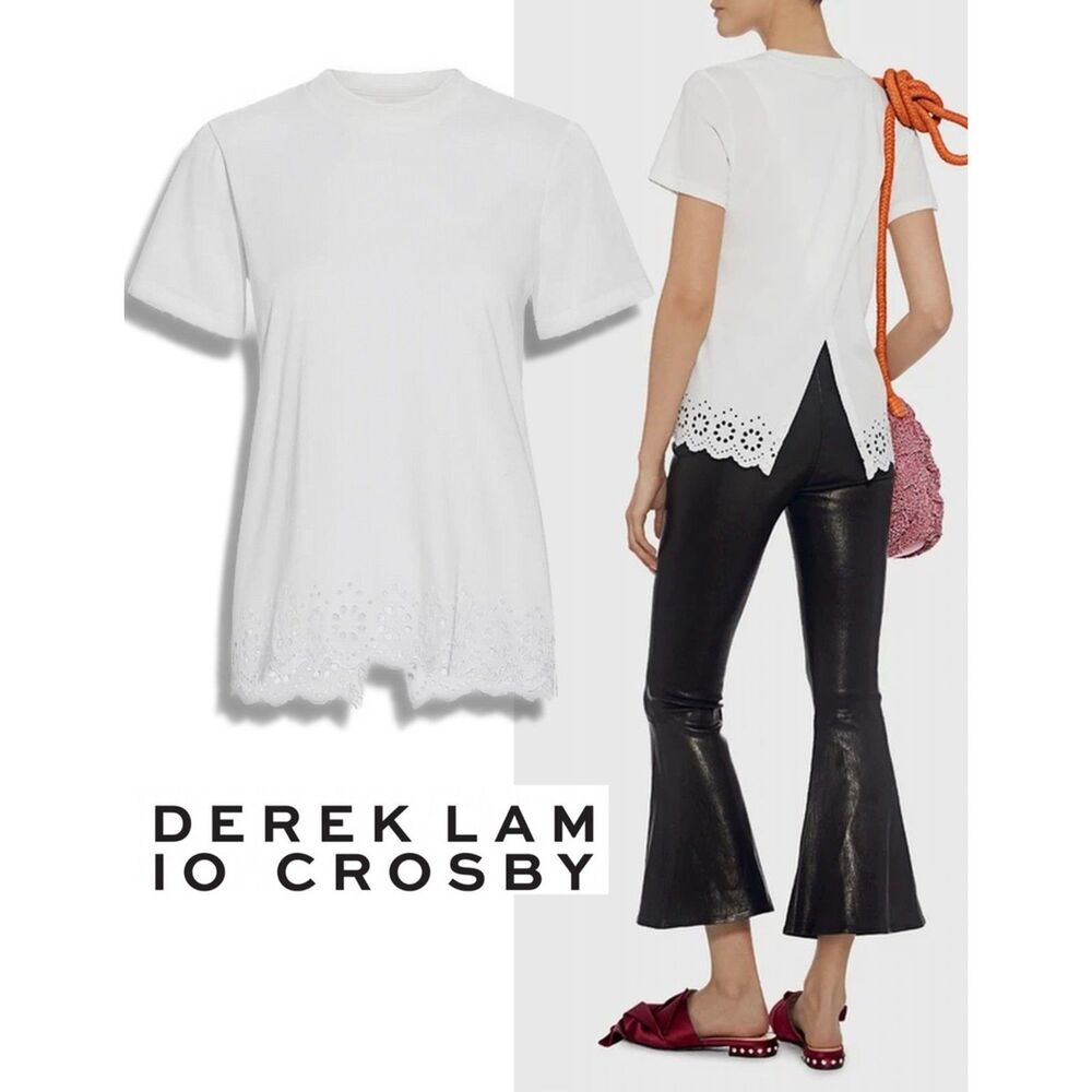DEREK LAM 10 CROSBY sz M Eyelet Embroidery Crossover Back Cotton Jersey T-Shirt